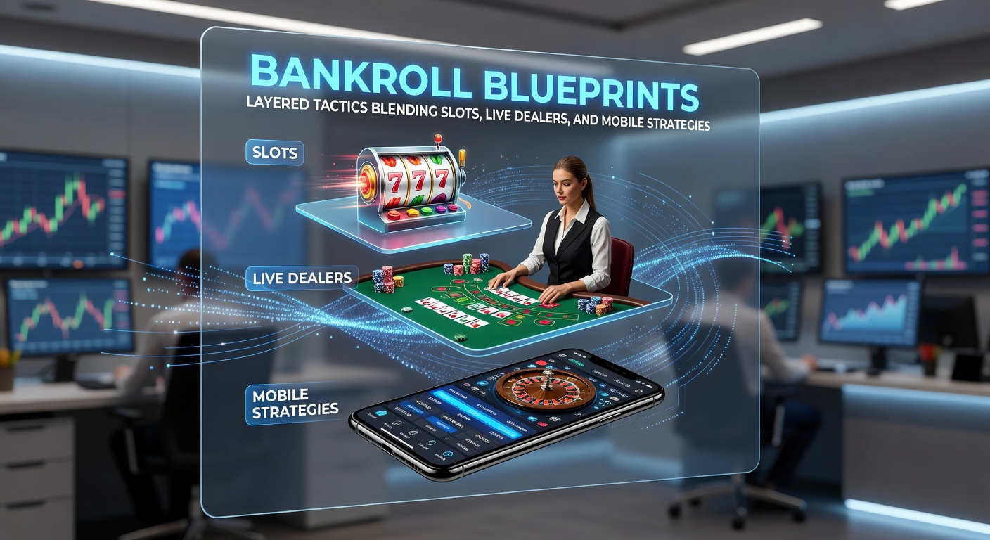 Digital graphic showing layered bankroll strategies with slots reels, live dealer tables, and mobile devices interconnected by flowing money trails