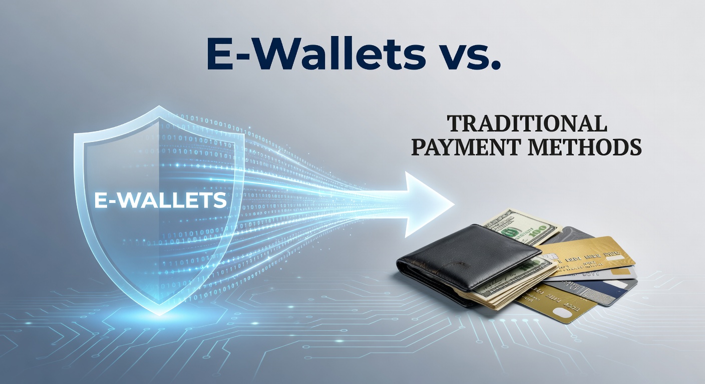 Digital illustration showing e-wallet icons like PayPal and Skrill alongside credit cards and bank transfer symbols, highlighting speed and security comparisons for online casino payments