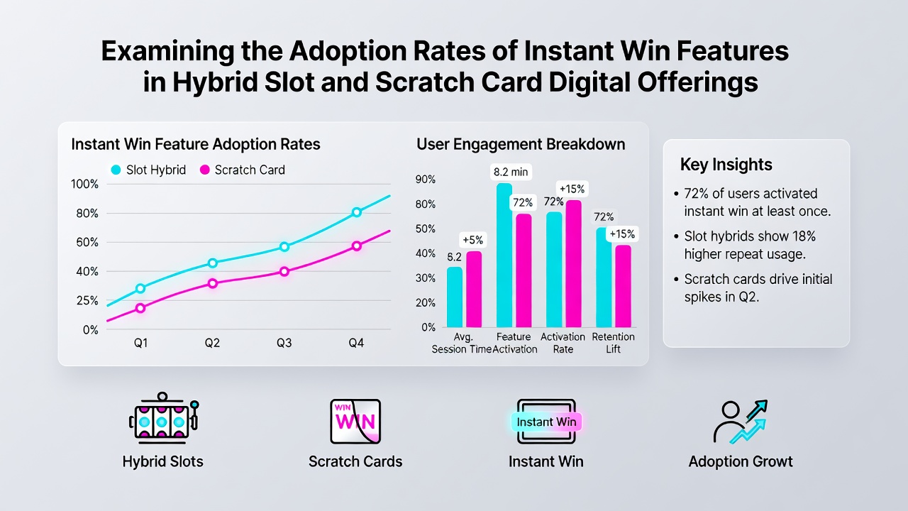 Illustration of hybrid slot and scratch card interfaces with instant win elements highlighted
