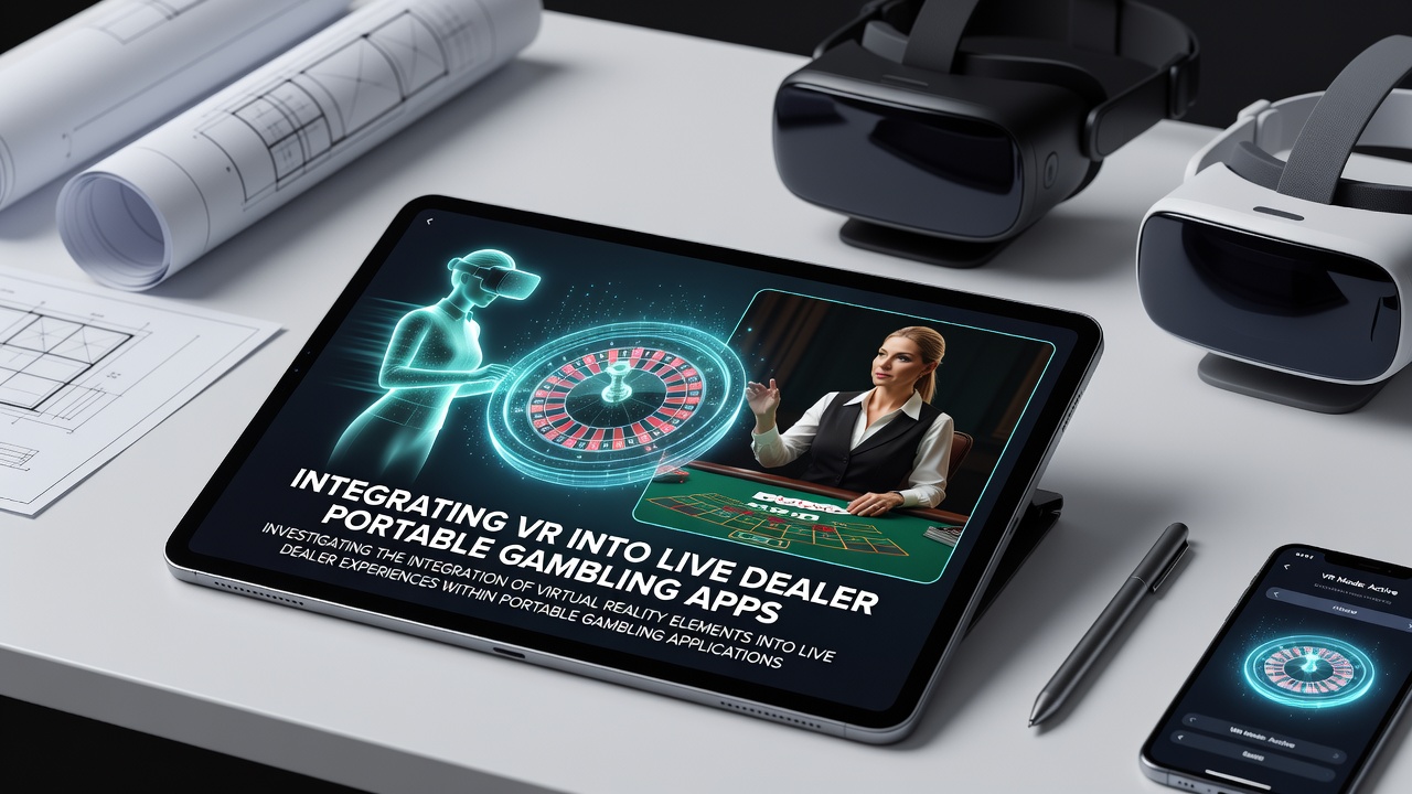 Virtual reality headset displaying a live dealer table within a portable gambling application interface