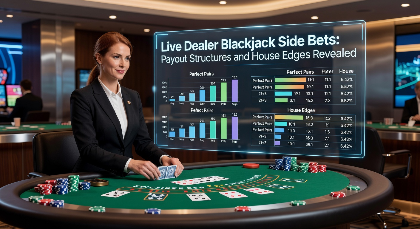 Live dealer blackjack table with side bet options highlighted on the screen
