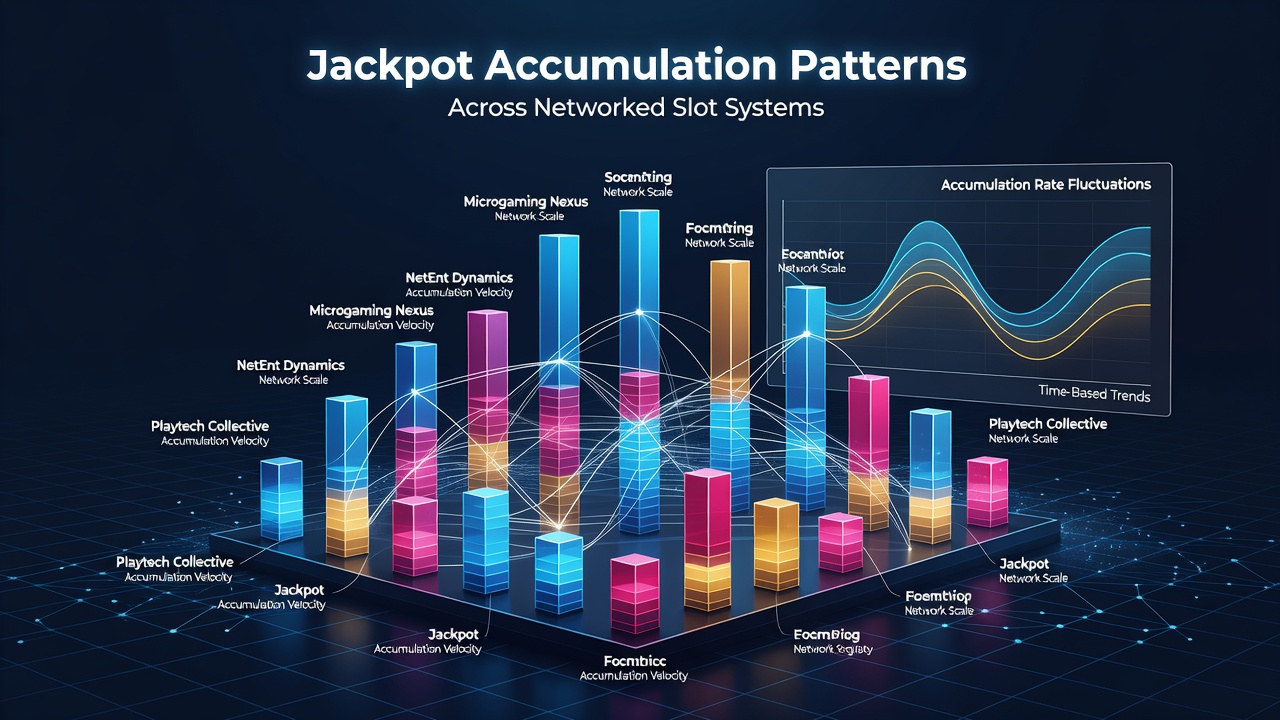 Networked slot machines displaying progressive jackpot meters from various software providers in a casino floor setting