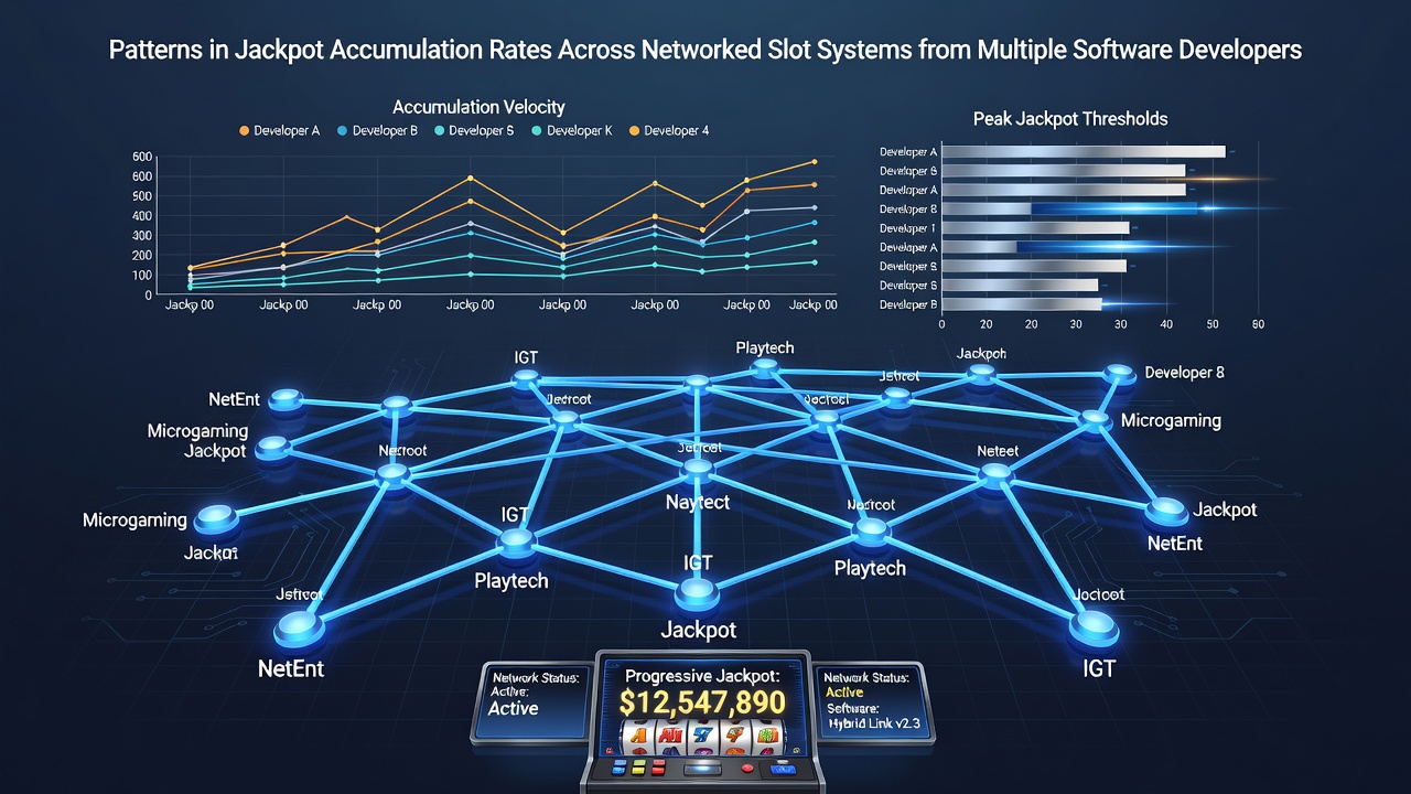 Detailed view of jackpot accumulation graphs comparing multiple slot software developers over time
