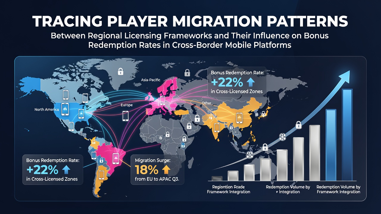 Global map showing player migration flows across regional licensing zones with mobile platform icons